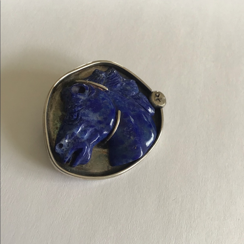 Heavy Sterling Carved Lapis Wild Horse Pendant - Picture 3 of 10